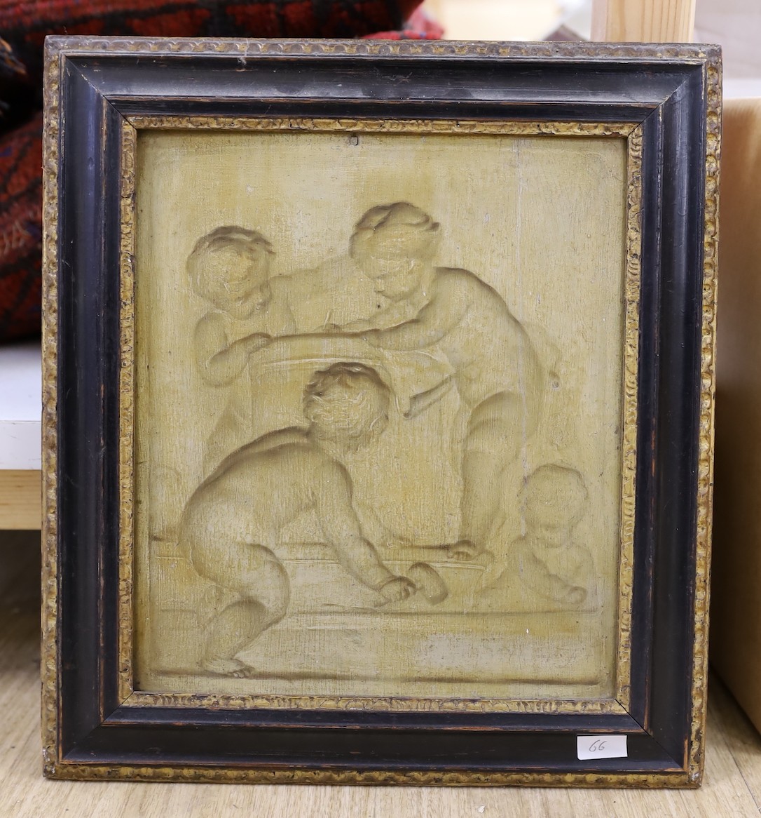 Continental School, late 18th century, en-grisaille oil on board, Cherubs constructing an urn, indistinctly signed, 26 x 23cm